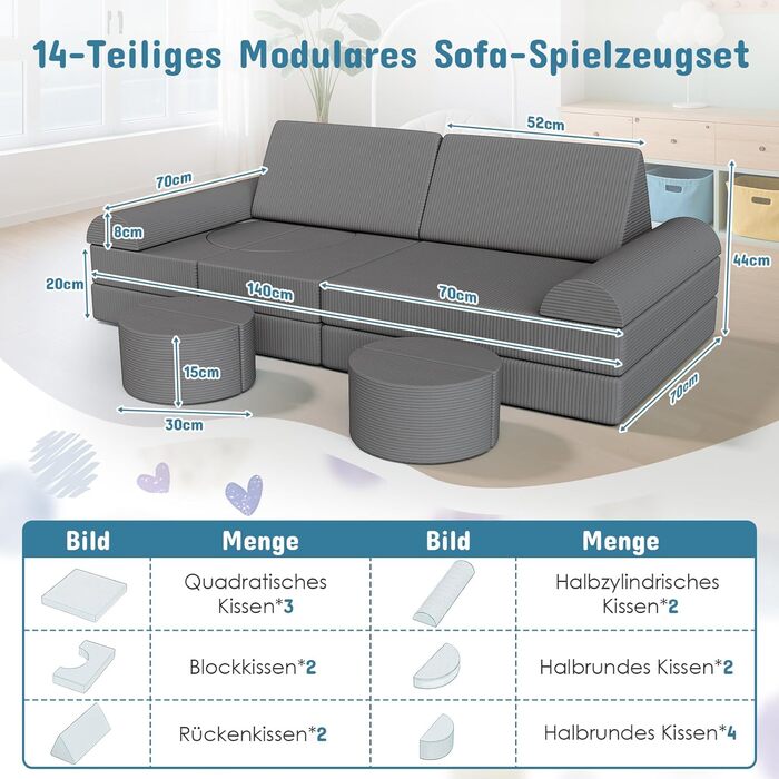 Модульна дитяча кушетка-конструктор MAMIZO Spielsofa Cord, 15 елементів, сірий колір. Кушетка для ігор та відпочинку, екологічна тканина Oeko-Tex, для дитячої кімнати.
