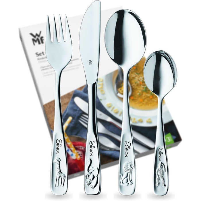 Дитячий набір столових приборів WMF Kinderbesteck з гравіюванням, нержавіюча сталь, 4 шт., придатний для миття в посудомийній машині, подарунок на хрещення, набір столових приборів для дітей від 3 років, з зображенням тварин