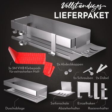 Набір для зберігання в душі Henal 5 в 1: поличка, тримач для бритви, для скребка, мильниці та гачка. Нержавіюча сталь, матове покриття, без свердління. Організатор для ванної кімнати XXL