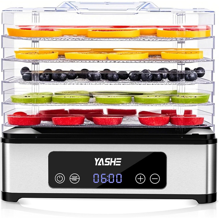 Електричний дегідратор YASHE з нержавіючою сіткою, 5-ярусний, 400W, з таймером для м'яса, фруктів, овочів, трав та собачих ласощів. 5 ярусів з нержавіючої сталі