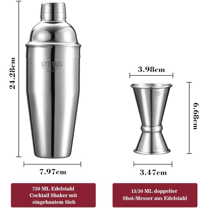 Набір шейкерів для коктейлів, нержавіюча сталь, 750мл, 5 шт. ситечко, мірний стакан, барна ложка, товкач, міксер (2 шт. )