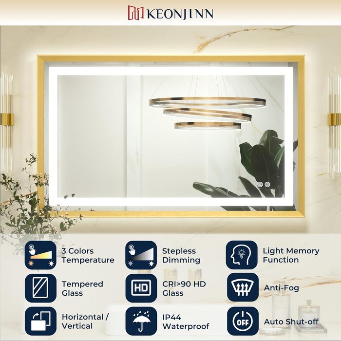 Дзеркало для ванної кімнати Keonjinn з підсвічуванням, 50x70 см, золотий металевий каркас, LED, сенсорне управління, 3 кольори світла, диммування, без запотівання, пам'ять налаштувань
