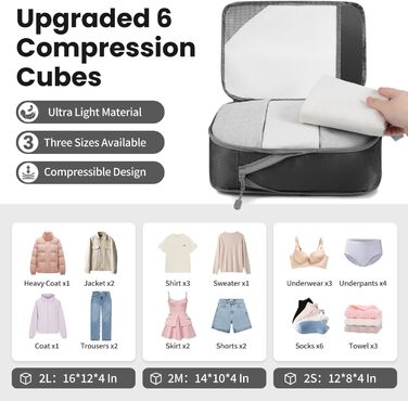Набір компресійних органайзерів для одягу в подорож 6 шт, прозорі пакувальні куби для валізи, легкі та міцні органайзери для багажу, чорні