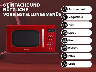 Мікрохвильова піч Comfee CMSRO 20 di rd Retro з 8 автоматичними меню, 5 рівнями потужності, кнопкою скороварки, 20 л, 800 Вт, пристрасний червоний ретро червоний 20 л