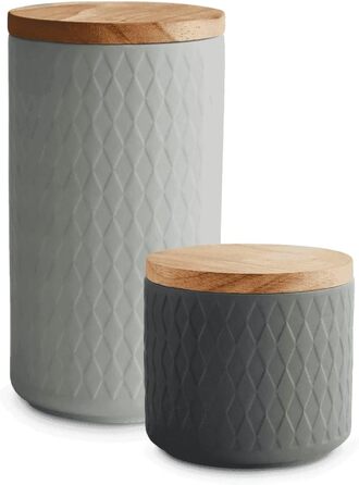 Керамічні банки для зберігання з дерев'яними кришками сірого кольору, гумові дерев'яні кришки, ящики для зберігання, ящики для зберігання продуктів (2 шт - Mness aptieka Install)