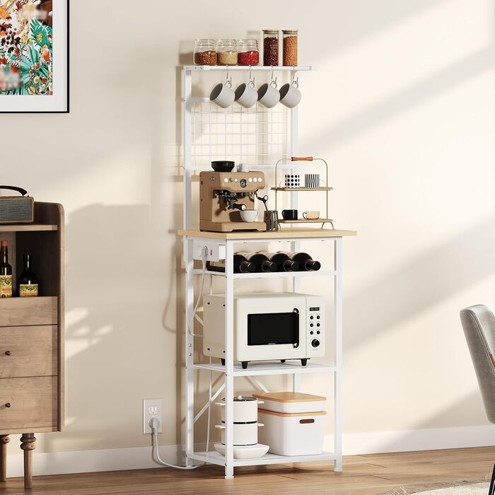 Стелаж кухонний з розетками, підлоговий, 35x48x135 см, 4 гачки, станція для кави з тримачем для пляшок, вінтажний, чорний ABRHR23UE01 (білий)