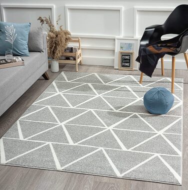 Сучасний м'який дизайнерський килим, м'який ворс, легкий у догляді, стійкий до фарбування, привабливий, трикутний, сіро-білий, (200 x 280 см, сірий трикутник)