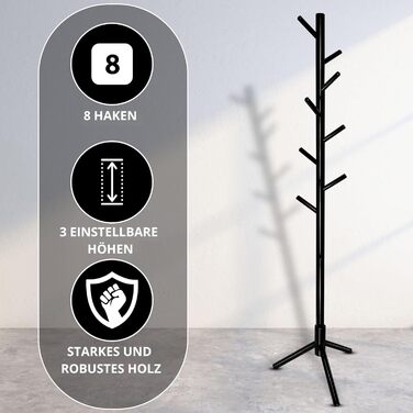 Дерев'яний вішак для одягу Bayt - стійка для одягу 175 см з 8 гачками, чорний колір