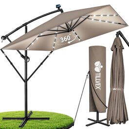 Прямокутна садова парасолька tillvex® Alu 330 см з LED-підсвіткою, ручкою та чохлом, колір Капучино — Алюмінієвий зонт-ампел з стійкою, захистом від вітру та UV-променів, водонепроникний, поворот на 360°