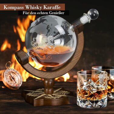 Karafe для віскі Grimm & Brothers Kompass ECHTHOLZ 850ml з привітальною листівкою - аксесуари для віскі, подарунок для чоловіків, глобус, подарунковий набір