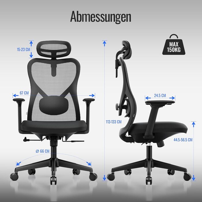 Yaasa Chair Plus: Ергономічне офісне крісло з підголівником, 2D-підтримкою попереку та 4D-підлокітниками. Переможець тесту! Чорний, до 150 кг.