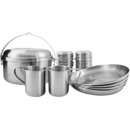 Посуд для кемпінгу Tatonka, набір для пікніка IV (12 предметів) - посуд з нержавіючої сталі для пікніка на чотирьох - з каструлею, сковорідкою, тарілками і кружками (в комплекті). Кришка) - Не містить забруднюючих речовин і безпечний для харчових продуктів, срібло