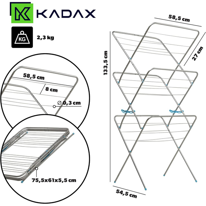 Вертикальна підлогова сушарка KADAX, складна сушильна стійка з повітряним потоком, довжина сушіння із загальною площею сушіння 20 м, компактна сушильна стійка (сіра)