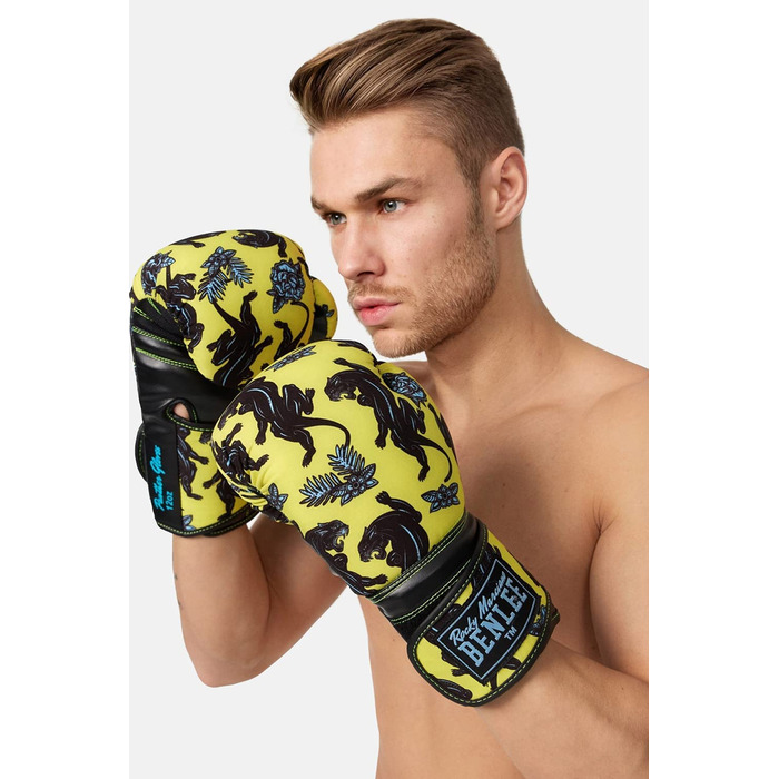 Боксерські рукавички Benlee зі штучної шкіри та Текстилю Panther Gloves (жовті / чорні / сині, 12 унцій)