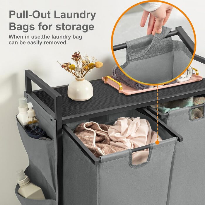 WOWLIVE Кошик для білизни з кришкою та колесами, сірий, 110л. З верхньою полицею та 2 знімними мішками для сортування