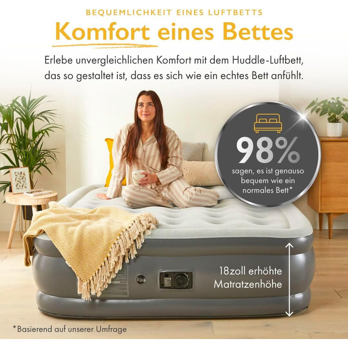 Надувне ліжко Huddle Lite з вбудованим насосом – комфортна матрац для кемпінгу, гостей та запасних кімнат (одинарне, двоспальне, king-size)