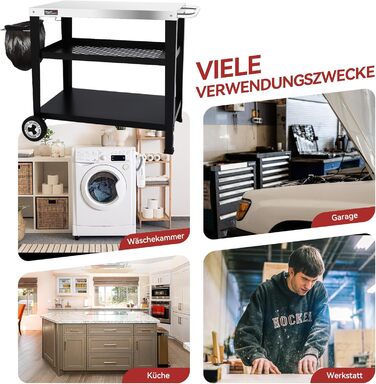 Сервісний візок Royal Gourmet з 3 ярусами, контейнер для сміття, візок для кухні, приставний столик, гриль Plancha, візок для гриля, з нержавіючої сталі, срібний, робоча поверхня 85 x 50 см