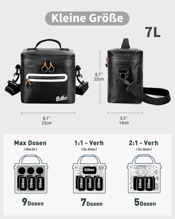 Термосумка-холодильник 7л, 14л, 24л ізольована водонепроникна для кемпінгу, пікніка, пляжу та грилю - Carbon-Schwarz (Чорний)