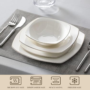 Набір посуду MALACASA для 4, комбінований сервіз з кістяного фарфору з 16 предметів серії RAFA, круглий білий сервіз із золотою обробкою, з