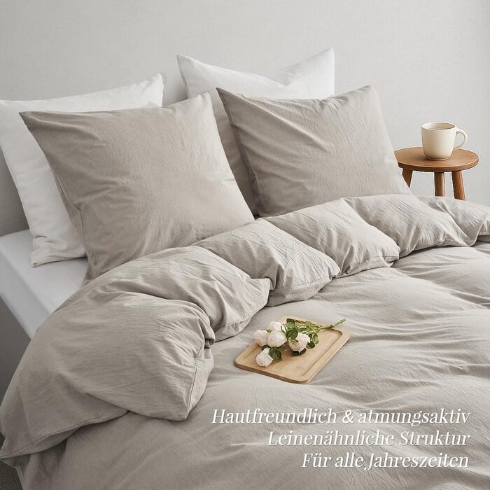 Бетліняна постільна ковдра 200x220 з бавовни бежевого кольору, супер м'яка, 100% бавовна, попередньо випрана, з льоноподібною текстурою, сертифікат ÖKO-TEX, комплект постільної білизни 200x220 + 2 наволочки 80x80 з блискавкою