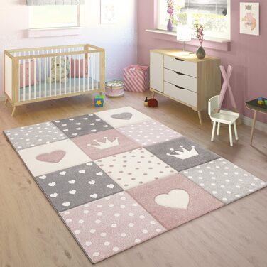 Дитячий килим килим Дитяча кімната пастельний 3D ефект точки серця зірки сірий, Розмір (240x340 см, рожевий)