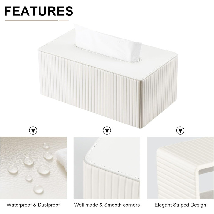 Коробка для серветок KINGFOM з PU шкіри, біла, прямокутна - для вітальні, ванної кімнати та офісу