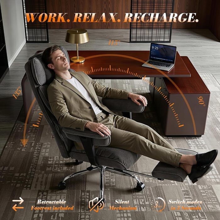 Офісний крісло Efomao XXL до 200 кг, важке, тканинне, з підставкою для ніг, ергономічне для комп'ютера з високою спинкою, похиле для дому/офісу, з товстою м'якою оббивкою (Сірий)