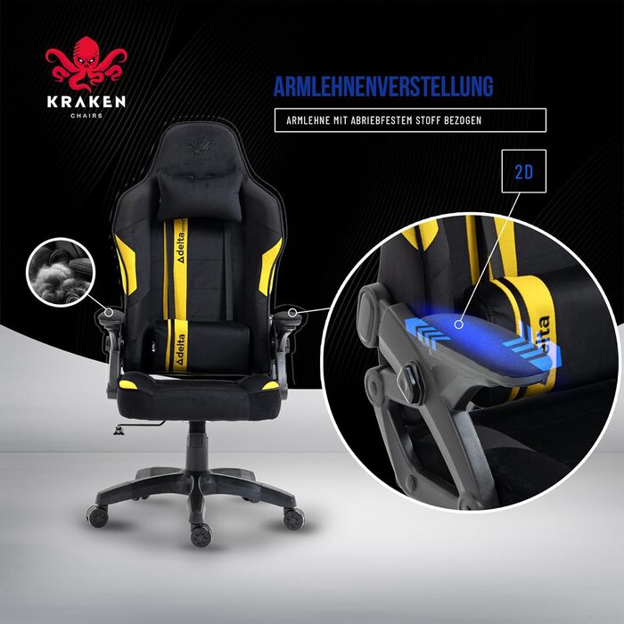 Ігрове крісло KRAKEN CHAIRS - чорно-жовте, ергономічне, для геймерів, вантажопідйомність 130 кг