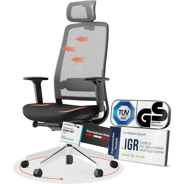 Крісло Yaasa Ergonomic для офісу та дому – ергономічне крісло з підтримкою попереку та регульованою спинкою – чорний колір, Expert