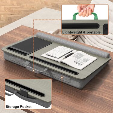 Підставка для ноутбука PUTORSEN для ліжка - регульована висота, з підставкою для миші та підтримкою для зап'ястя. Підходить для ноутбуків до 17,3 дюймів, Lapdesk з вирізом для планшета та телефону, сірого кольору