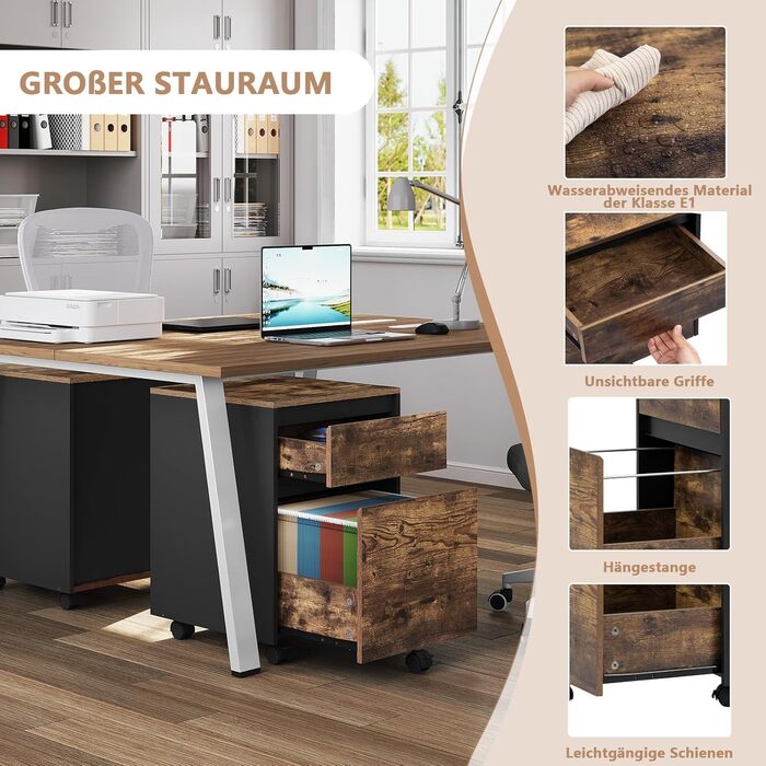 Контейнер на колесах WOLTU з 2 шухлядами, мобільний офісний шафка, підставка під стіл, шафка для принтера, для офісу та дому, 40x56x40 см, з вінтажною обробкою дерева, 2 полиці