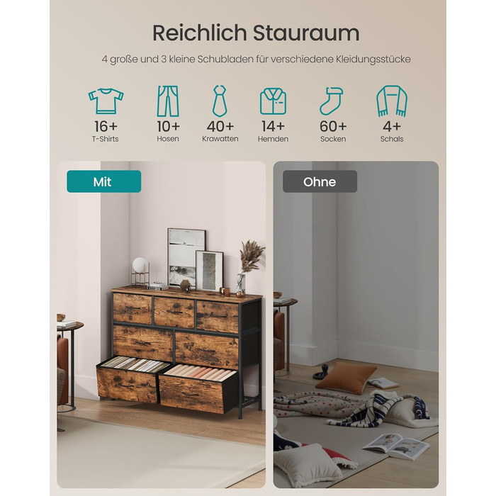 SONGMICS Комод з 7 висувними ящиками, шафа для зберігання, сталь, MDF, флізелін, для спальні, прихожей, вітальні, кольори: білий, коричневий, чорний