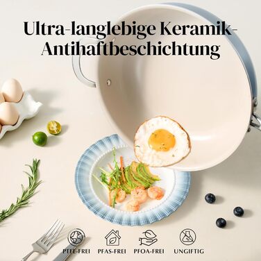 Сковорода Redchef 28 см з кришкою, антипригарне покриття, керамічна сковорода для індукції, з нержавіючою ручкою, без PTFE, PFOA, PFAS, для духовки, придатна для миття в посудомийній машині (Блакитна)