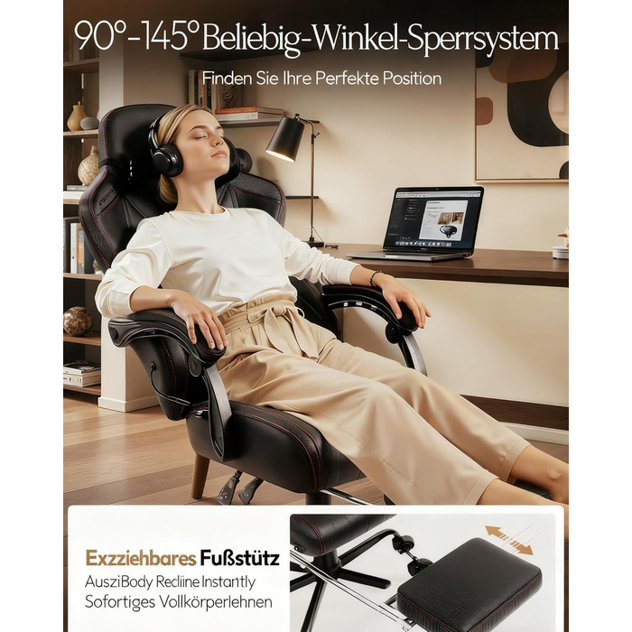 Ігровий крісло Dowinx з масажем, ергономічний дизайн, підтримка попереку та шиї, до 135 кг, шкіряне, чорний