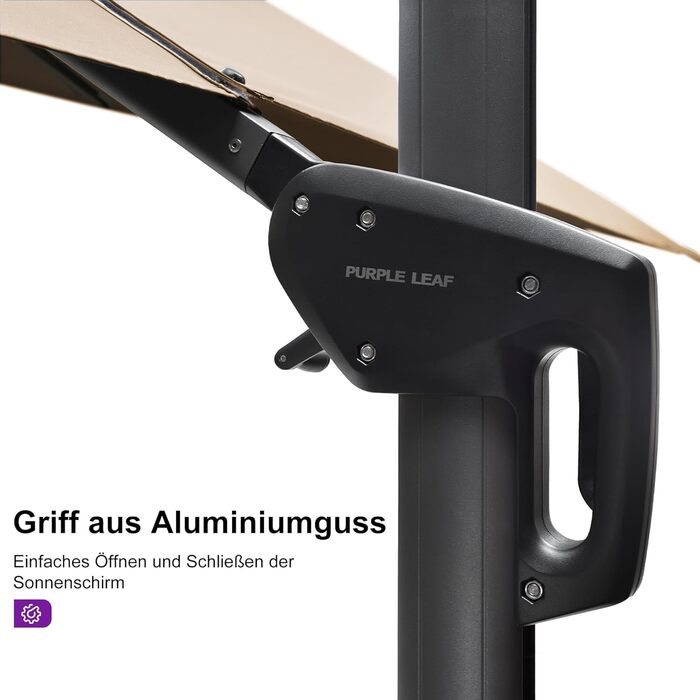 Парасолька від сонця PURPLE LEAF 350x350 см, велика садова парасолька-амбрела з рукою-користувачем, поворотом на 360° та хрестовиною, бежева, для тераси та балкона