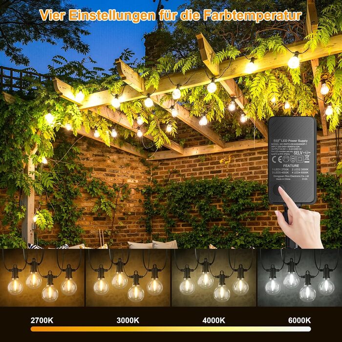 Льотна гірлянда Kawaya 10 метрів, LED, для вулиці, з 15+1 лампочками, IP65, вологостійка, тепле світло, для балкона, тераси, саду, вечірки, вологостійка