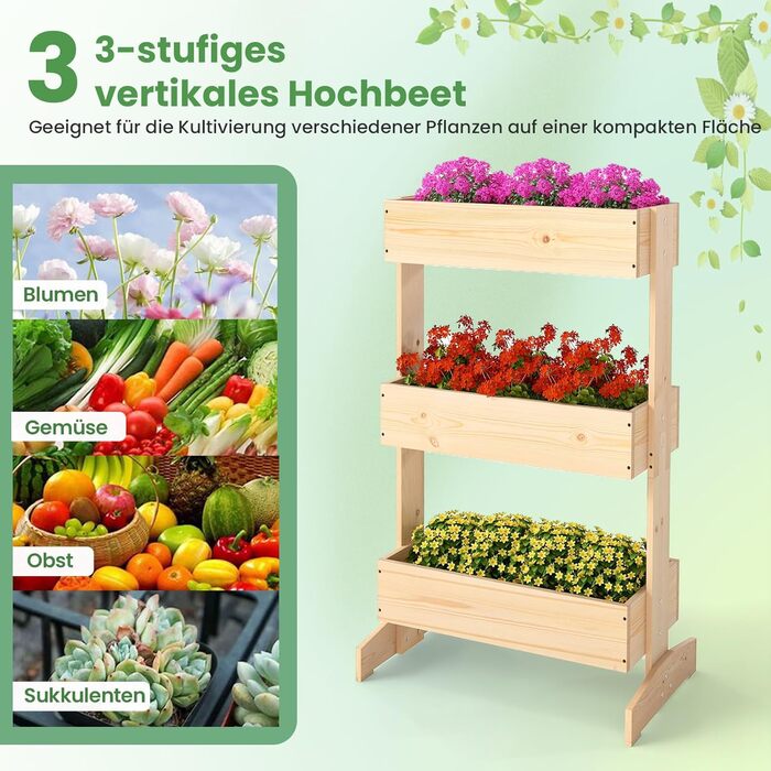 Вертикальна грядка COSTWAY з 3 ярусами, 6 контейнерами для квітів, дерев'яний ящик для тераси, балкона, саду 126x90x115 см (натуральне дерево)