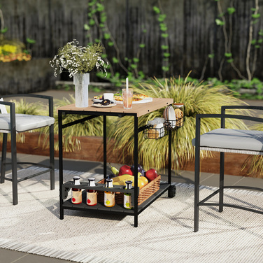 Сервісний візок, кухонний візок, 2 яруси, 4 тримачі для пляшок, для використання в приміщенні/на вулиці, колір: натуральний/чорний