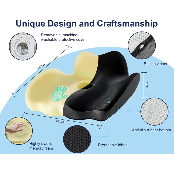 Подушка для сидіння Haarkalo Premium з Memory Foam XL - 2024 року, для офісних та домашніх крісел, зняття болю в попереку, сідницях та куприку, розмір 20*16.8*5.8 см