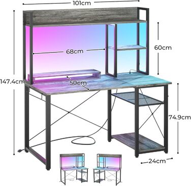 Компактний ігровий стіл iSunirm з підставкою, 100 см, сірий, з LED-підсвіткою та розетками, з регульованими полицями та підставкою для монітора, для дому та офісу