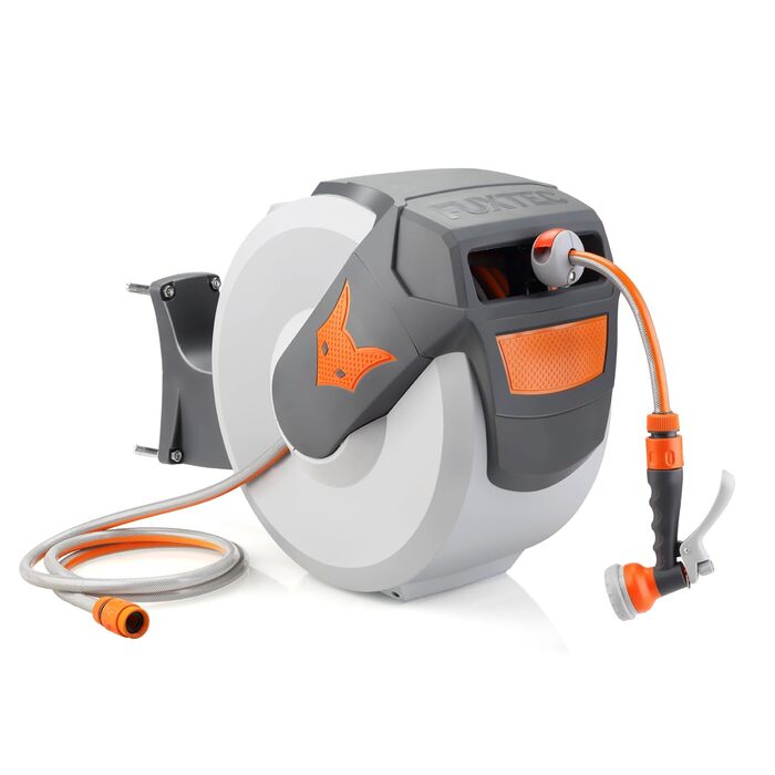 Автоматичний шланг для саду Fuxtec FX-WSA30 – 30 метрів, ½ дюйма, з роликом для стіни, включаючи ручну лійку та з'єднувачі, поворотний на 180°, оранжевий