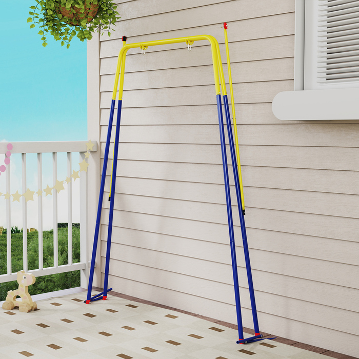 Складана рама для гойдалки з А-подібною основою, 2 гачки, 4 анкерні болти для фіксації на землі, призначена для дітей від 9 місяців до 8 років, розміром 128x155x157 см, блакитного кольору.