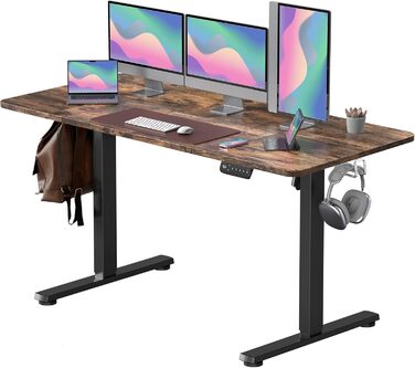 Електричний регульований стіл 160x60 см з пам'яттю та захистом від зіткнень, ролики, з'єднувальна панель, чорний каркас/коричнева стільниця