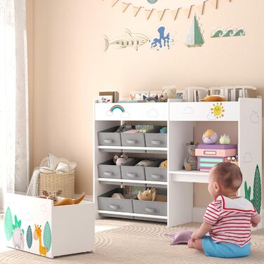 Дитяча полиця для іграшок HOCSOK з 10 тканинними коробками для зберігання, полиця для книг, іграшковий ящик на колесах, органайзер для іграшок у дитячій кімнаті, білий