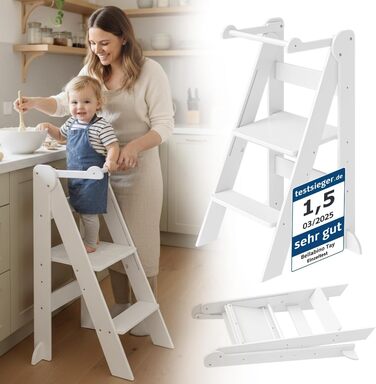Bellabino Tay – Навчальний столик-лесенка для дітей від 1 року, білий, регульований, з захистом від перекидання, Монтессорі, з берези