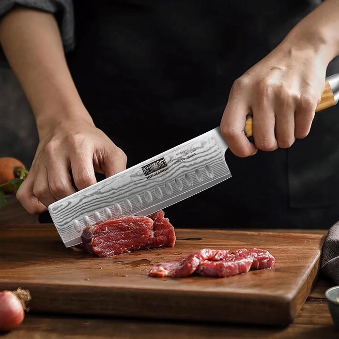 Японський ніж HOSHANHO з дамаської сталі 20 см, 67 шарів, кухонний ніж, надзвичайно гострий, з ергономічною ручкою оливкового кольору (16.5 см Nakirimesser)