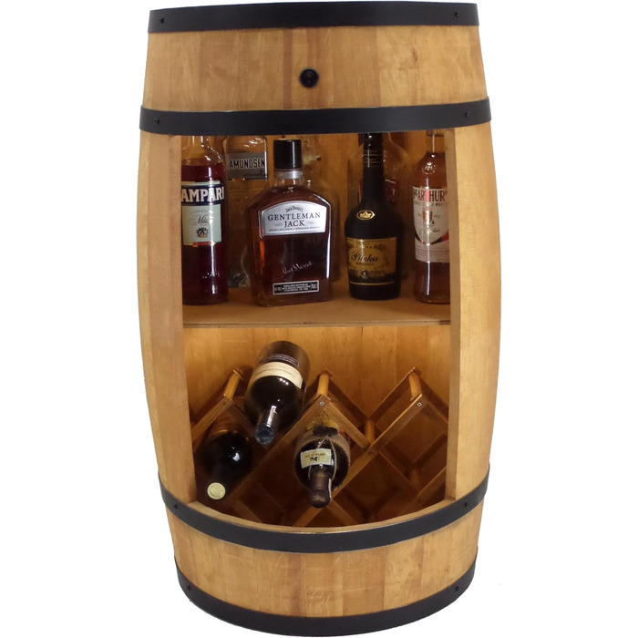 Дерев'яний бочонок-бар Fass від Creative Cooper: полиця для вина з LED підсвічуванням, 80x50 см, рустикальний дизайн, для дому