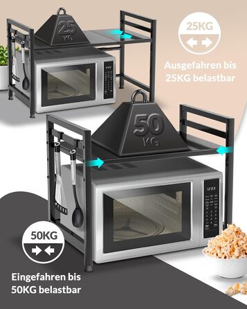 Підставка для мікрохвильової печі та кухонна полиця, сталева, 2-ярусна | Підставка для мікрохвильовки, шафка для мікрохвильовки, полиця для зберігання, полиця пекаря | Регульована висота та довжина, інструкція у відеоформаті, гачки - Чорний колір, 2 яруси