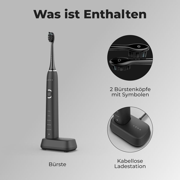 Електрична зубна щітка AENO DB6 Sonic – 5 режимів, 40 днів роботи, бездротове заряджання, преміум-щітинки, нагадування про заміну насадки, 46 000 вібрацій/хв, чорний