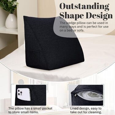 Підвалин для читання Bettkeil, регульоване подушечка для читання, трикутна подушка, подушка-клинок, диванна подушка для попереку, шиї, подушка для спини з знімним льняним чохлом (жовтий (чорний), 45см)